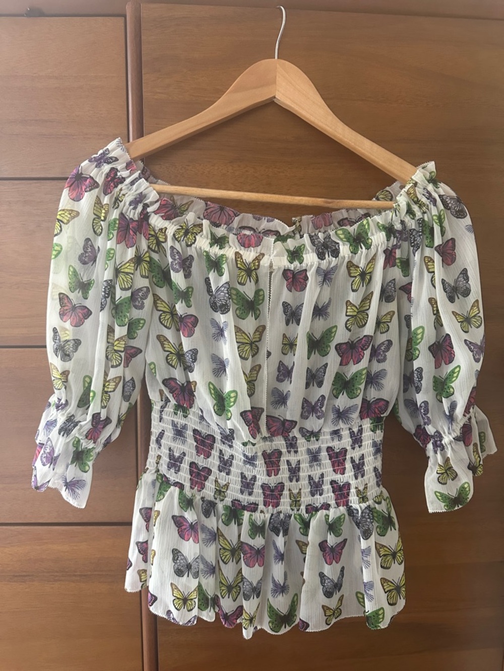 L'AGENCE White Multi Butterfly Off-Shoulder Top With Keyhole at Chest Area
